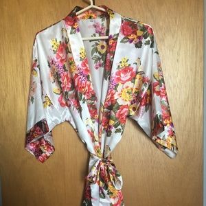 White silk robe with floral pattern
